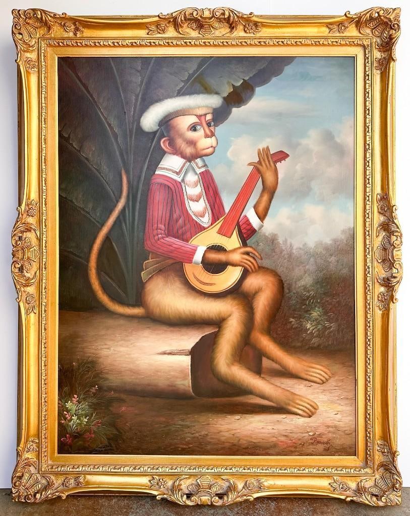 P. Judith, Oil on Canvas, Monkey with Lute After William Skilling: Signed in the bottom right corner. Condition: Good condition. Evidence of previous retouching near the top right quadrant and center right. Dimensions: Visible artwork is approximately 47.25 in H x