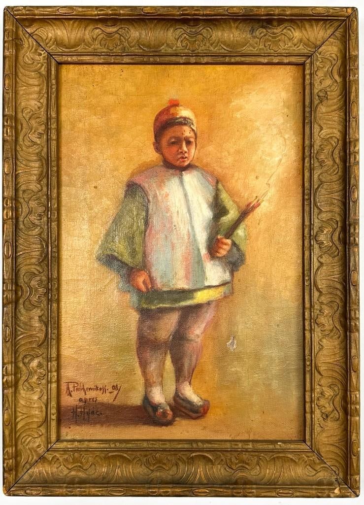 Alexis Podchernikoff (1886-1933) After Helen Hyde, Oil on Canvas, His First Temple Offering: Piece is titled “His First Temple Offering (The Joss Stick)” and is signed in paint in the bottom left, dated 1908. Condition: Artwork is in antique condition with hairline cracks throughout.