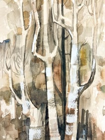 Artist Unknown Midcentury Landscape Watercolor Birch Trees
