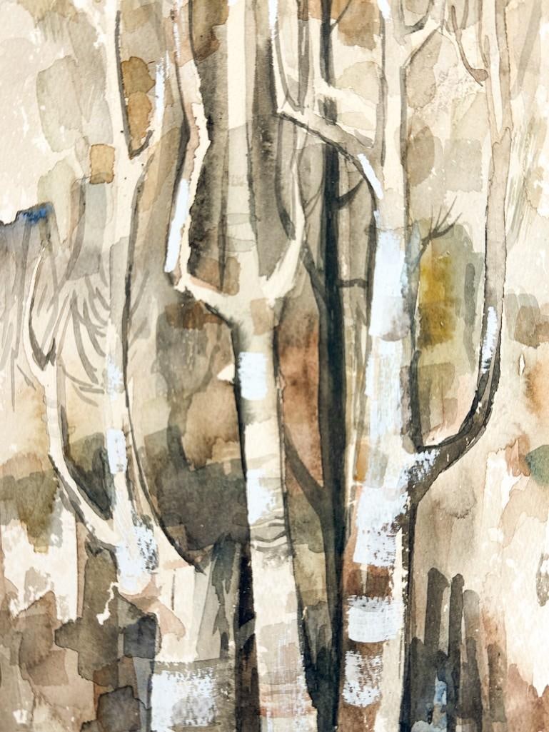 Artist Unknown Midcentury Landscape Watercolor Birch Trees: Condition: There is brown layer of paper on top 3 sides of artwork. Paper is slightly warped, typical of watercolor paintings. Dimensions: 14.5 in H x 10 in W. Weighs 1 lb.