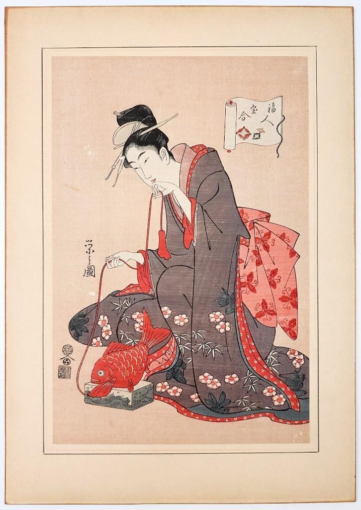 Hosoda Eishi (1724-1770) Woodblock Print, Ebisu God: Ebisu holding a cord from a red snapper fish toy; from the series "Fukujin Takara Awase" (Collection of treasures of the seven gods of good fortune). Condition: Condition good. 20th century r