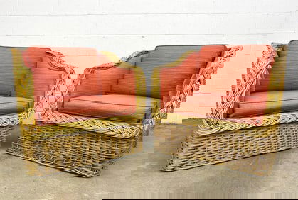 Pair Wicker Patio Coastal Club Chairs W/ Coral Upholstery