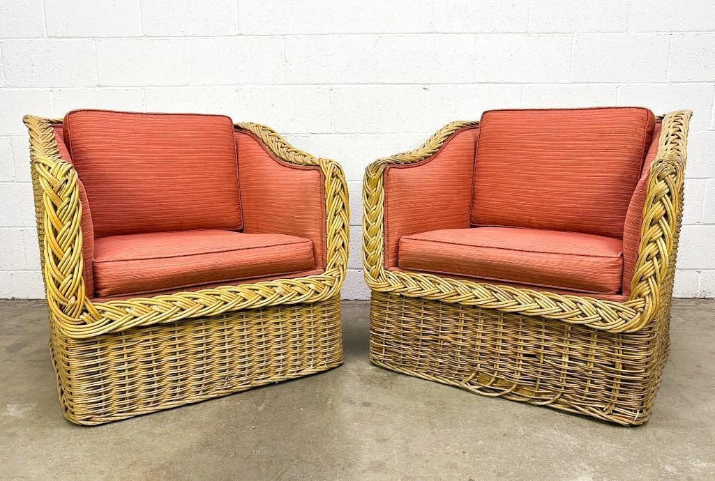 Pair Wicker Patio Coastal Club Chairs W/ Coral Upholstery