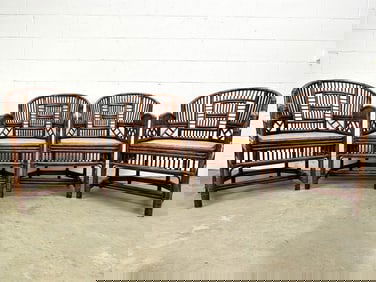 Set of 4 1960 Brighton Pavilion Style Chinoiserie Bamboo Arm Chairs