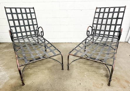 Pair Brown Jordan Florentine Chaise Lounge Chairs: Woven metal strips. Nice patina throughout.  Condition: Some surface wear. Some discoloration. Some paint loss.  Dimensions: 35 in H x 27 in W x 67 in D.