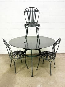 1930s Francois Carre French Sunburst Garden Patio Wrought Iron Table and 3 Chair Set
