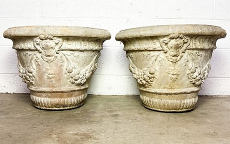 Pair A Silvestri 17 Inch Concrete Planter Pots w/ Greco Roman Design