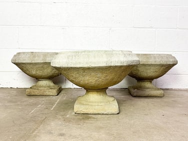 Lot of 3 Vintage Weathered Cast Concrete Garden Urns Pots Planters