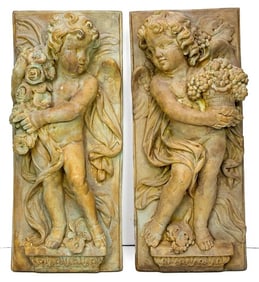 Lot of 2 Hen-Feathers Four Seasons Bas Relief Fiberstone Panels w/ Cherub
