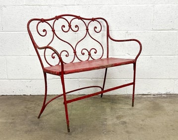 Antique Children's Iron & Wood Garden Bench w/ Heart Motif