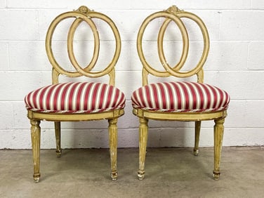 Pair French Provincial Chairs w/ Maroon Striped Upholstery