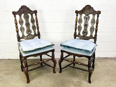 Pair Louis XV Carved Antique Side Chairs w/ Blue Upholstered Cushioned Seat