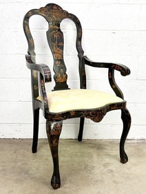 Antique Georgian Chinoiserie Arm Chair w/ Bird Motif Upholstered Seat