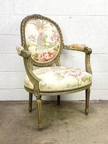 French Louis XVI Style Upholstered Armchair w/ Pheasant Bird Motif