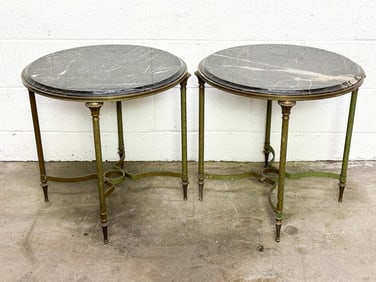 Pair Vintage Round Black Marble and Brass Side Tables