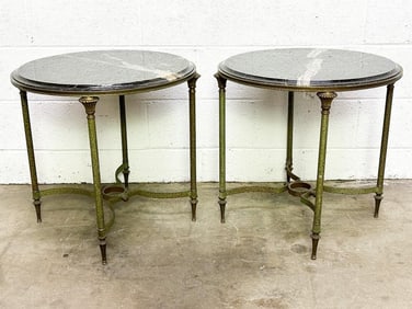 Pair Vintage Round Black Marble and Brass Side Tables