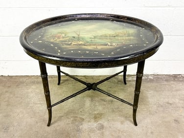 Antique Lacquer Hand Painted Tray Table w/ Abalone Inlay and Harbor Scene