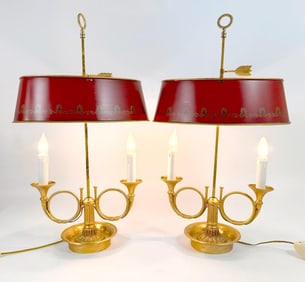 Pair French Horn Bronze Two-Light Bouillotte Lamps