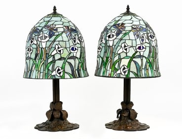 Pair Reproduction Tiffany Style Metal and Resin Table Lamps