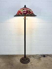 Reproduction Tiffany Style Metal and Resin Floor Lamp with Rose Motif
