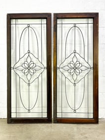 Pair Decorative Leaded Glass Window Panels w/ Floral Design