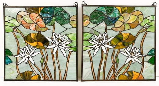 Pair of Reproduction Stained Resin Window Panels with Water Lilys