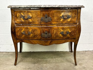 Louis XV Style Bombe Marquetry Marble Top Chest of Drawers