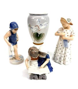 Lot of 4 Danish Porcelain Figures, Bing & Grondahl and Royal Copenhagen: Lot includes 3 figurines and one vase. Figurines are made by Bing &amp; Grondahl and Royal Copenhagen, and feature children engaging in play. Vase is made by Bing &amp; Grondahl and depicts a blooming