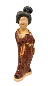 Chinese Tang Tomb Earthenware Clay Figure Woman Holding Pekinese?Dog