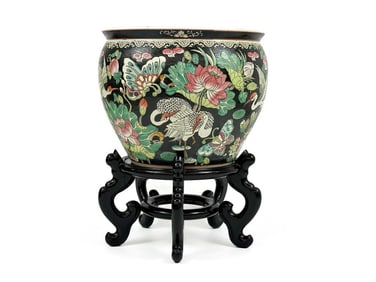 Koi Fish and Floral Hand Painted Porcelain Jardiniere Planter and Stand