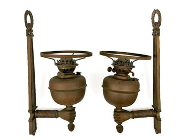 Pair Antique Brass Oil Lamp Sconces