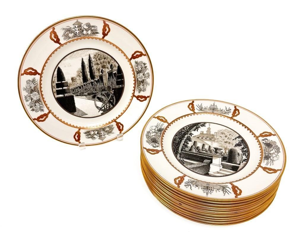 Set of 12 Wedgwood Garden Club of America 25th Anniversary Commemorative Plates, 1938: Set of twelve plates, each shown a different garden from around the world. Bone China manufactured by Wedgwood with gold embellishments. Condition: Set is in good condition. No breaks, chips, or scrat