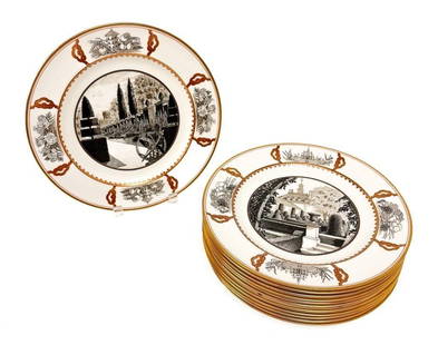 Set of 12 Wedgwood Garden Club of America 25th Anniversary Commemorative Plates, 1938: Set of twelve plates, each shown a different garden from around the world. Bone China manufactured by Wedgwood with gold embellishments.  Condition: Set is in good condition. No breaks, chips, or scra