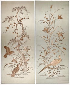 Pair of Vintage Embroidered Silk Artworks with Flora and Bird Motifs