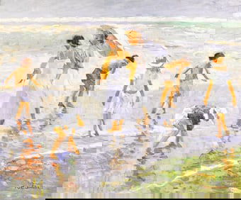 M. Schmidt, Oil on Canvas, Women and Children at the Beach