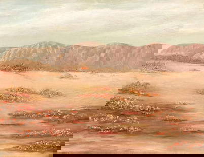 Unknown Artist, Oil on Art Board, Desert Landscape: Unsigned.  Condition: Painting has on 1/4 inch and on 1/8 inch chip in the paint in the center of the bottom third. Frame has chips and scratches throughout.  Dimensions: Visible artwork is approximat