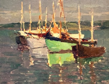 George Kennedy Brandriff (1890-1936) Oil on Canvas, Sailboats in Concarneau France, 1929