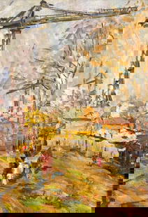 Alexander Andreyevich Lopatkin (1922-1996) Oi Milton Grant (1886-1959) Oil on Board, Along the Canal: Titled “Old Moscow, 1962.&rdquo; Signed in pen on the back side.  Condition: Painting is in good condition with no visible cracks or chips. Canvas has a slight wave to it. Frame is chipped and is mi
