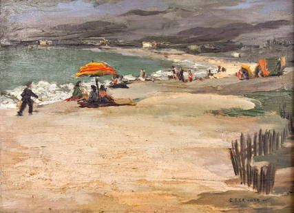 Robert Julius Skinner (1911-2003) Oil on Board, San Mateo Coast: Piece is titled “San Mateo Coast,&rdquo; and signed in the lower right corner.  Condition: Artwork is in good antique condition with no visible blemishes. Frame has chips and scuffs throughout, velv