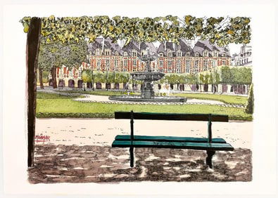 Signed Maamar, Watercolor and Ink on Paper, Place des Vosges, 2002