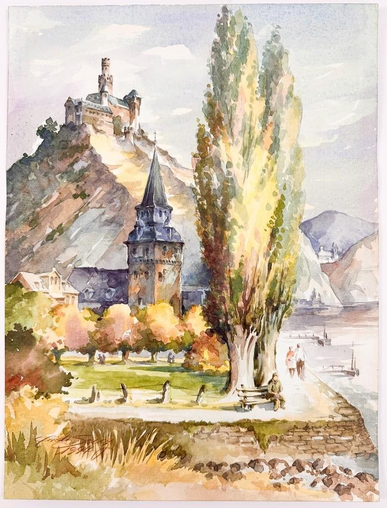 Artist Unknown, Watercolor on Paper, Marksburg Castle, Germany, 1994: Signed in the lower left corner. Condition: Good condition. Tape residue on the back side. Dimensions: Approximately 16 in H x 12 in W. Total weight is approximately 1 lbs.