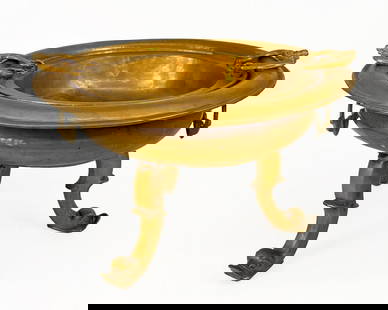 Antique Coal Brass Heater Brazier: Two pieces, bowl with handles and stand with handles. Duck head feet.  Condition: Surface wear and discoloration throughout. One inch tear near a handle of the interior bowl.  Dimensions: Approximatel