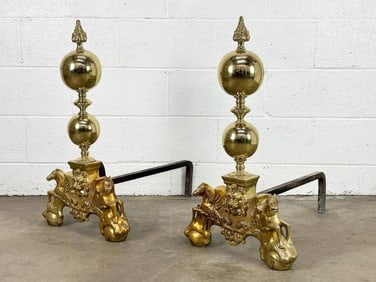 Pair Brass Andirons w/ Lion Pegasus Motif