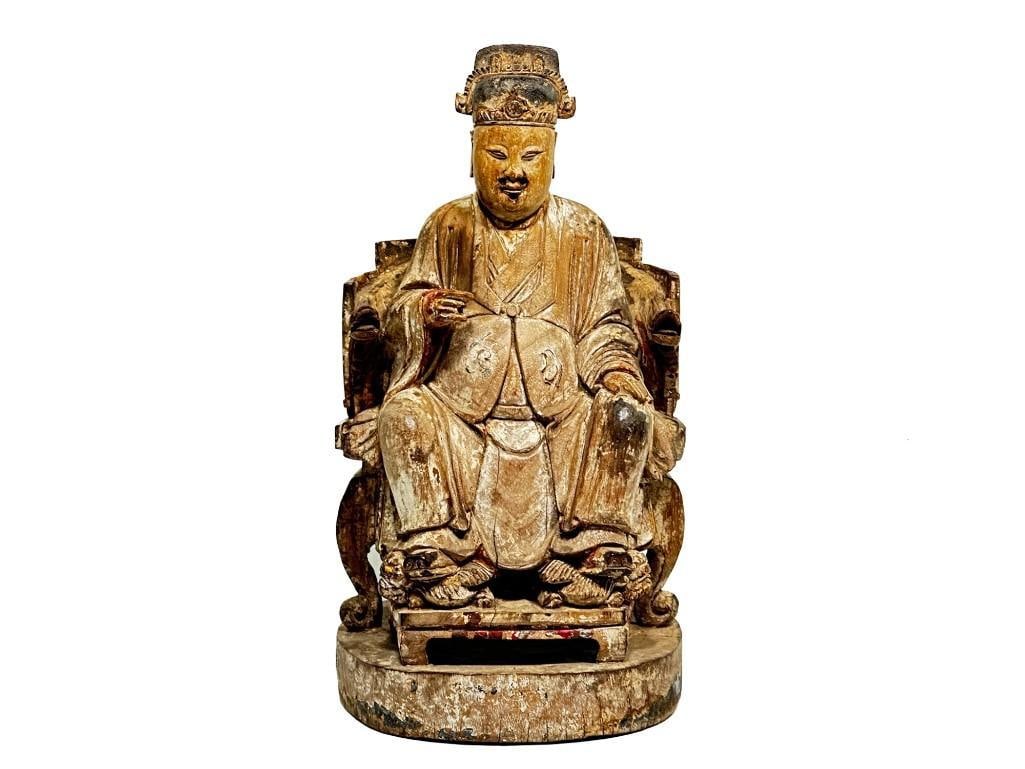 Antique Chinese Carved Wood Seated Figure: Traces of paint remaining. Condition: Very good. Dimensions: Approx. 10 in. H x 6 in. W x 5 in. D. Weight: 1.8 lbs.