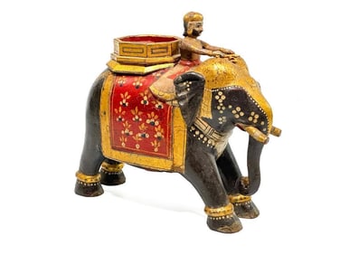 Antique Indian Carved Wood Hand Painted Elephant with Rider
