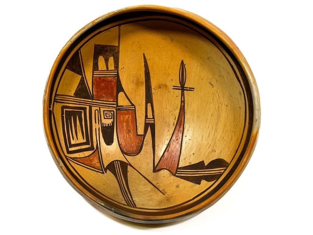 Hopi Polychrome Pottery Bowl Early 20th Century: Condition: Good. Some damage at lip as pictured. Dimensions: Approx. 9.5 in. W x 3.25 in. H. Weight: 1.65 lbs.
