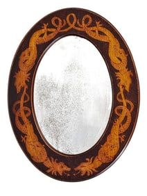 Antique Pyrography Carved Wood Folk Art Oval Mirror