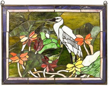 Stained Glass Window with Flowers and Heron Bird