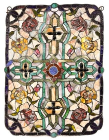 Stained Glass Window with Flowers and Cross Motif