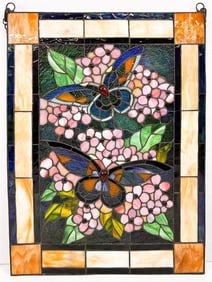Reproduction Stained Glass Window with Hydrangea and Butterflies